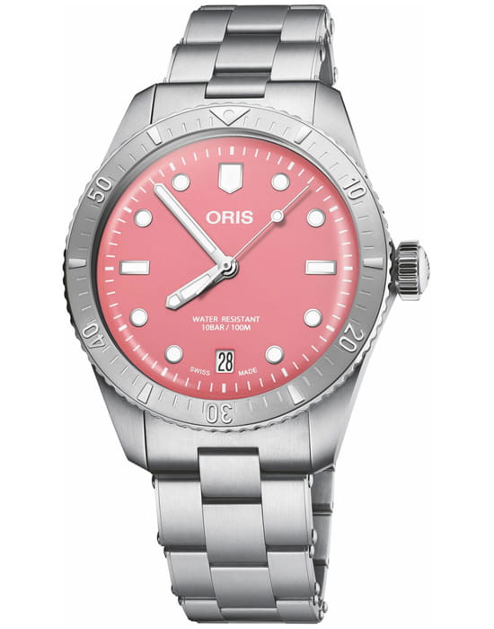 Oris Oris Divers Sixty‑Five 'Cotton Candy' 01 733 7771 4058-07 8 19 18  01 733 7771 4058-07 8 19 18 механические мужские часы розовый циферблат, браслет нержавеющая сталь — вид спереди